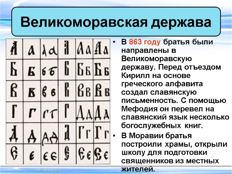 В 863 году братья были направлены в Великоморавскую державу. Перед отъездом Кирилл на основе